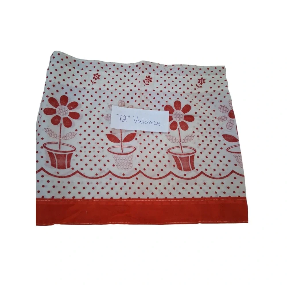 Vtg Cafe Curtains & Kitchen Valance Set Red White Polka Dot Flower Decor READ